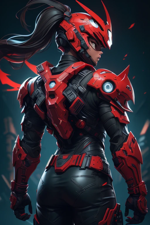 a cyberpunk ninja warrior, red futuristic helmet, red futuristic goggles, armored cyberpunk vest, black shirt, leather pants, ninja mask on mouth, cyberpunk, back view, aura emanating from back, (best quality,4k,8k,highres,masterpiece:1.2),ultra-detailed,(realistic,photorealistic,photo-realistic:1.37),intricate details, dramatic lighting, moody atmosphere, rich colors