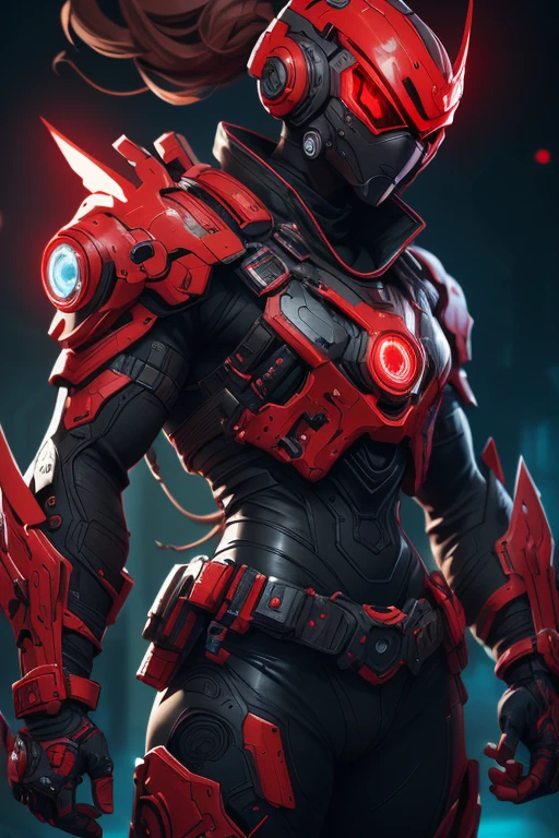 a cyberpunk ninja warrior, red futuristic helmet, red futuristic goggles, armored cyberpunk vest, black shirt, leather pants, ninja mask on mouth, cyberpunk, back view, aura emanating from back, (best quality,4k,8k,highres,masterpiece:1.2),ultra-detailed,(realistic,photorealistic,photo-realistic:1.37),intricate details, dramatic lighting, moody atmosphere, rich colors