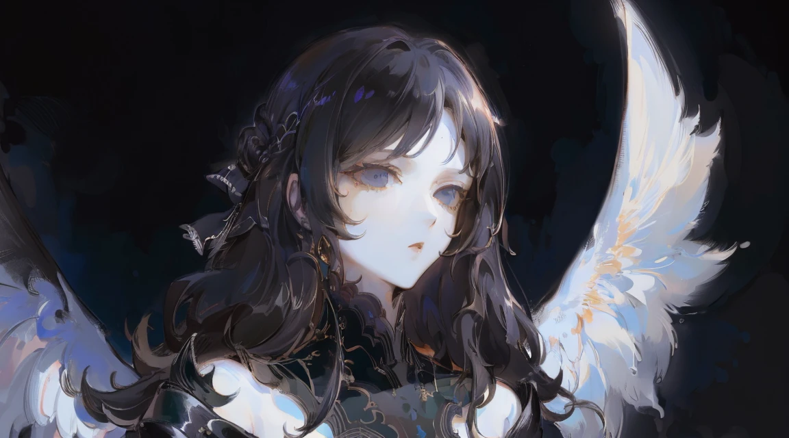 (Designed by nty:1.4), A woman is, Dark color dress, (solo), grieves, Yoshitaka Amano character design,solo, tmasterpiece: 1.7, top-quality、(highly detailed CG、ultra - detailed、The best shadow:1.1)、solo、painting-like、a sketch、Paper texture、Ultra-high resolution、The facial details are particularly rich、flatcolors、The facial details are particularly rich、current、limited pallet、low-contrast、Black wings:1.2、