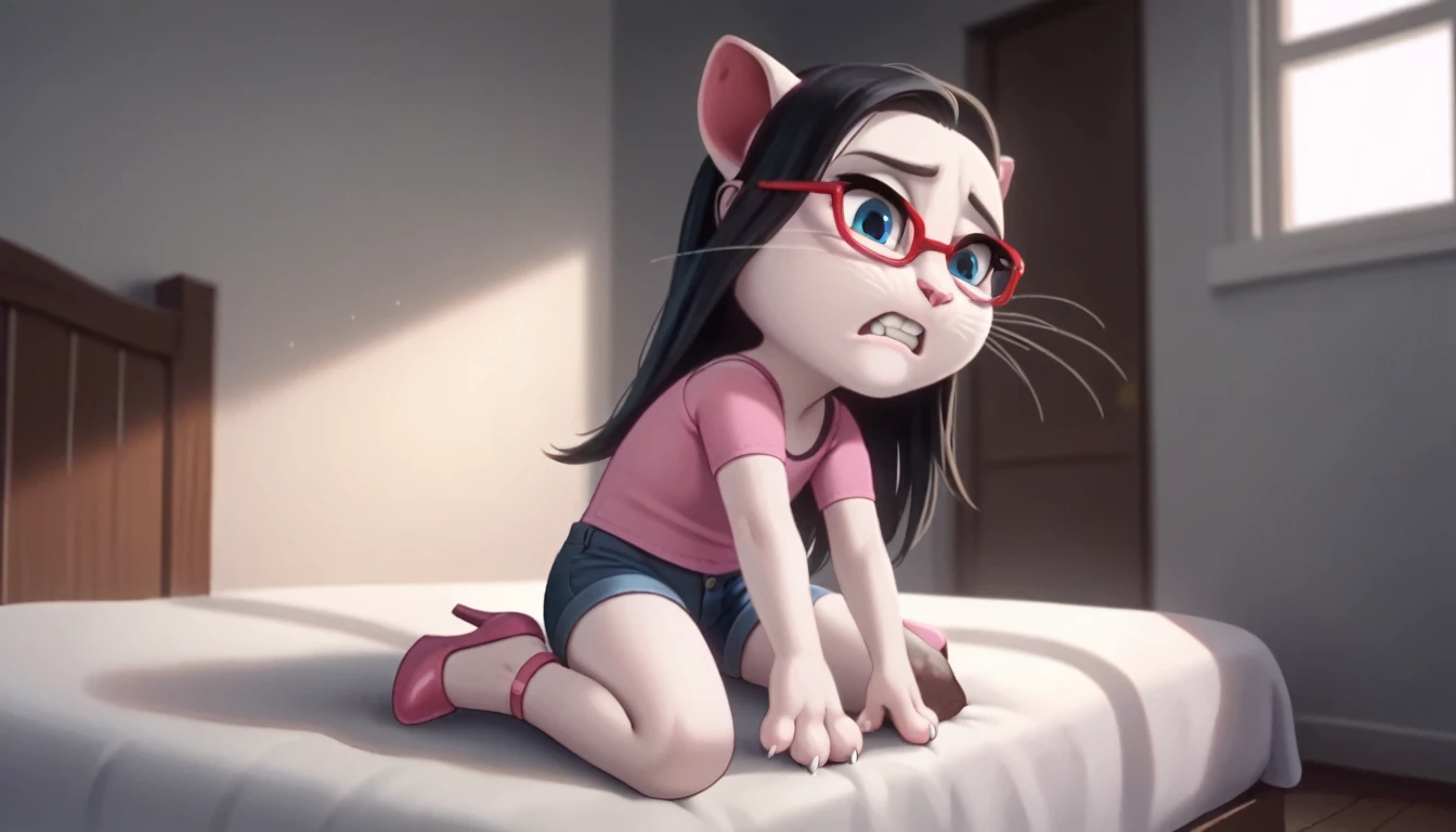 

solo focus, a_la, 1girl, cat, white fur, long whiskers on both sides of her face, big bright blue eyes, big black eyelashes, long hair, black hair, pink nose, triangular ears with pink channels, high heels, red glasses.  The short jeans were ripped all the way down.   1 girl and 1 boy human, background.   The man is sitting on the bed.   The woman goes under the man, she sits and screams vaginal, she lies, at home, looking back, big penis, rape of 1 man, girl.   Score_9, Score_8_up, Score_7_