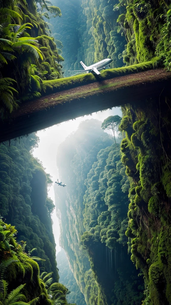 Discovery an airplane stuck on the highest cliff, moss, scary scene, Amazon jungle, detailed, hyper realistic, 16k