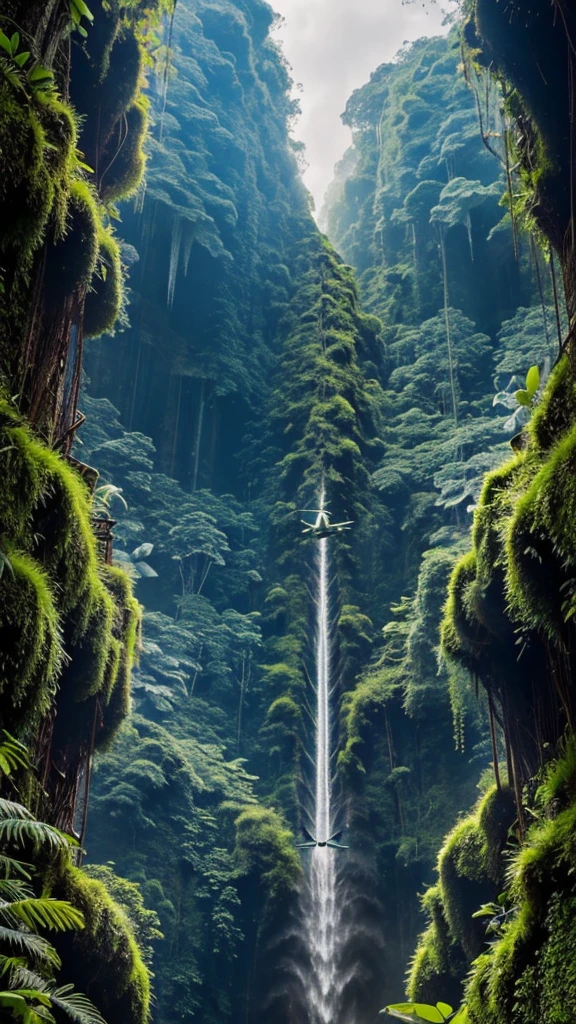 Discovery an airplane stuck on the highest cliff, moss, scary scene, Amazon jungle, detailed, hyper realistic, 16k