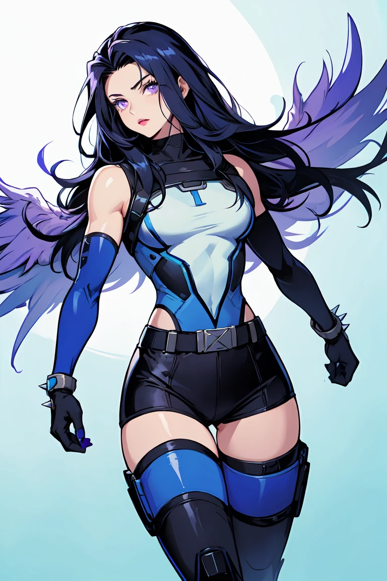 1. Light skinned woman 2. Long spiky navy blue hair/dark 3. lips painted blue and purple 4. Purple eyes 5. Attractive clothing with technological implants whose predominant colors are Blue and Purple (Example Alita from Battle Angel) 6. wears dark blue boots 7. He has blue gloves 8. Both his arms and legs are uncovered., that is to say, his technological combat suit only covers his torso, waist and chest, the elbows, arms and legs are uncovered.1. 3 eyes 2. It has a total of 6 horns, 2 large main ones located in the two upper corners of its forehead, and two other small horns located on both sides, that is to say, each main crow has another small horn on each side 3. Increases your body size and muscles 4. sharp teeth, with one I came long as a snake 5. The tongue is purple 6. His ears transform into a dark elf shape 7. Your skin turns gray 8. Claws come out of his hands 9. Gets wings similar to Maleficent 10's. Its main colors purple and black