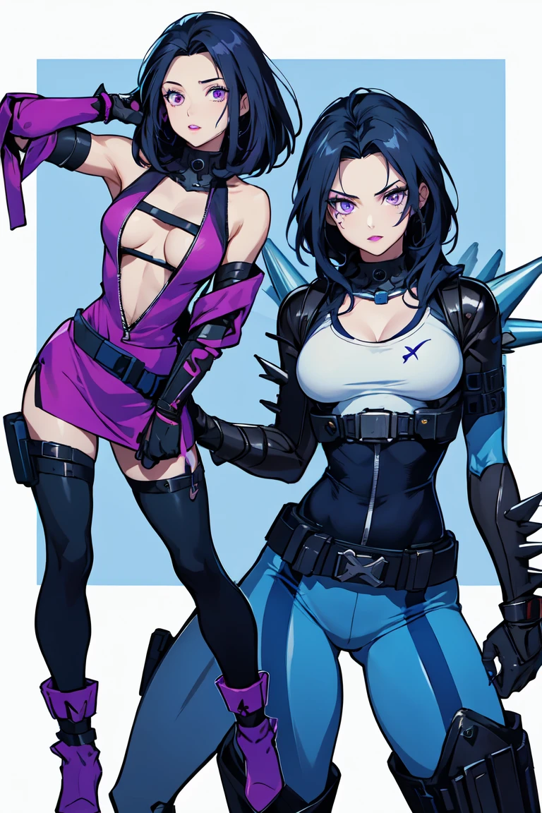 1. Light skinned woman 2. Long spiky navy blue hair/dark 3. lips painted blue and purple 4. Purple eyes 5. Attractive clothing with technological implants whose predominant colors are Blue and Purple (Example Alita from Battle Angel, I will show an example)
6. wears dark blue boots 7. He has blue gloves 8. Both his arms and legs are uncovered., that is to say, his technological combat suit only covers his torso, waist and chest, the elbows, arms and legs are uncovered.
9. Alita Battle Angel combat costume