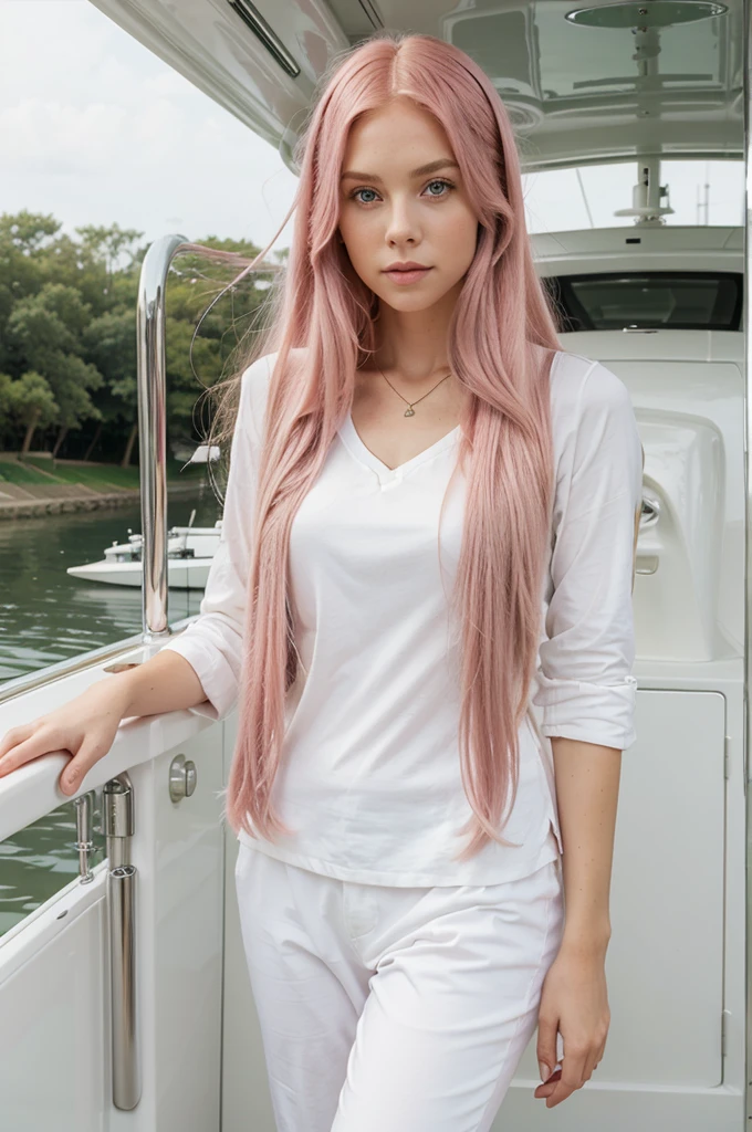 a woman with long pink hair and green eyes on the yacht in white clothes