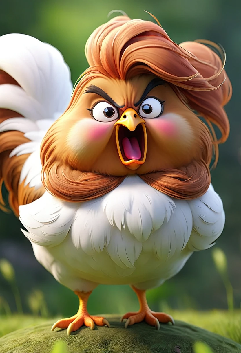 a crazy and funny and fat hen with black and long hairs, hen is jumping, there is nobody and nothing except the hen in the image, the environment is a jungle, the hen is white except her hair, her hairs are tall and covers her eyes, the hen is angry.