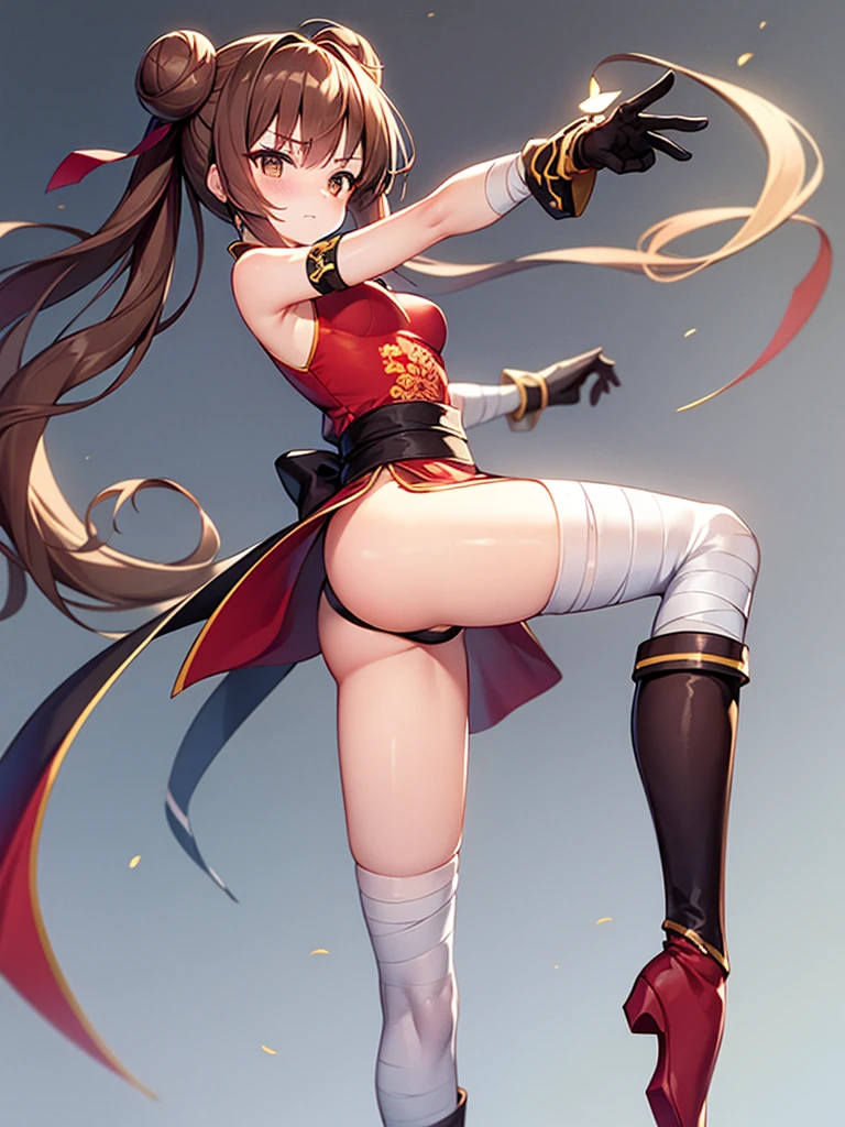 masterpiece, best quality, 1girl, solo, thighhighs, chinese-clothes, gloves, very-long-hair, dress, hair-bun, twintails, china-dress, red-dress, double-bun, black-thighhighs, brown-hair, brown-eyes, full-body, red-footwear, pelvic-curtain, looking-at-viewer, bandages, blush, standing, breasts, bangs, armlet, sleeveless, fighting-stance, sleeveless-dress, brown-gloves, bare-shoulders, v-shaped-eyebrows, bandaged-arm, side-slit, leg-up, medium-breasts, gradient-hair, boots, ankle-boots, floating-hair, closed-mouth, simple-background, hand-up, blunt-bangs, sash
