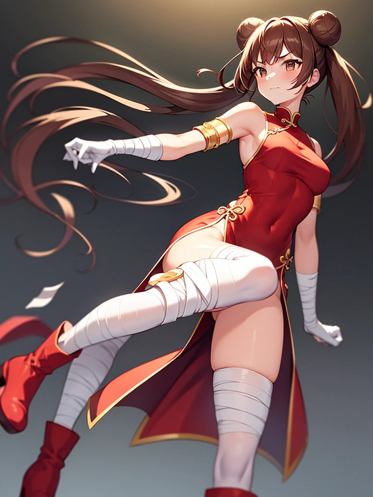 masterpiece, best quality, 1girl, solo, thighhighs, chinese-clothes, gloves, very-long-hair, dress, hair-bun, twintails, china-dress, red-dress, double-bun, black-thighhighs, brown-hair, brown-eyes, full-body, red-footwear, pelvic-curtain, looking-at-viewer, bandages, blush, standing, breasts, bangs, armlet, sleeveless, fighting-stance, sleeveless-dress, brown-gloves, bare-shoulders, v-shaped-eyebrows, bandaged-arm, side-slit, leg-up, medium-breasts, gradient-hair, boots, ankle-boots, floating-hair, closed-mouth, simple-background, hand-up, blunt-bangs, sash