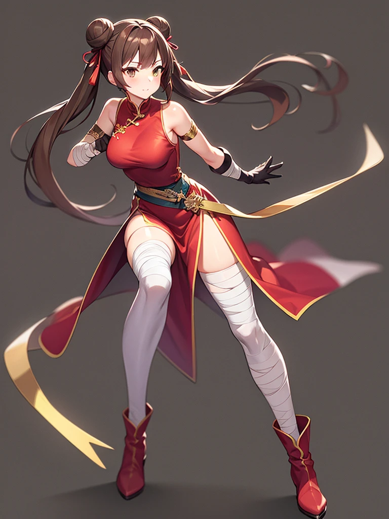 top-quality、masterpiece、hight resolution、1girl in、A slender、skinny thigh、Bjorf、Black hair、short hair with long locks、white hairband、Red Eyes、Gold Earrings、Jewelry、off shoulders、Red cheongsam、Black_pantyhose、Attacking with your feet、Fighting、Low posture、Unleash a kick、plein air