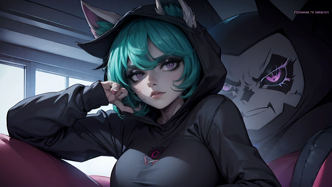 girl, large black sweatshirt, sexy pose, calm look, a dark room, evil eyes, glowing skin, Looking ahead, facial expression