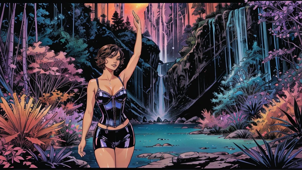 A photorealistic cute, slender aerobics instructor with very short brown hair, very short brown hair, very short brown hair, very short brown hair, brown eyes, and dimples, standing confidently in a fantastical landscape. She's wearing a tight, black, latex corset. The background features floating islands covered in bioluminescent plants, cascading waterfalls of rainbow colors, and giant crystalline structures that refract light. Vibrant colors include deep purples, electric blues, neon pinks, and shimmering golds. The lighting is ethereal, with a soft glow emanating from the plants and crystals. Broad strokes of bright, contrasting colors sweep across the sky, reminiscent of an abstract painting - vibrant oranges, lime greens, and vivid magentas create a striking contrast against the fantastical elements.