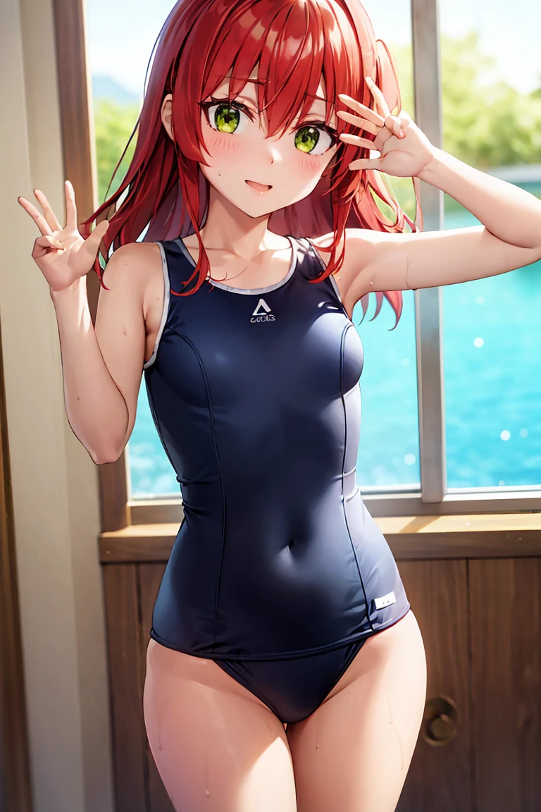 room, 1 Girl, Highest quality, Ultra-high resolution, Long Hair, Redhead, Green Eyes,Looking at the audience, Small breasts , Shy face、Watery eye, Open your mouth、Cowboy Shot、Navy school swimsuit、Pool、Sexy pose with arms raised