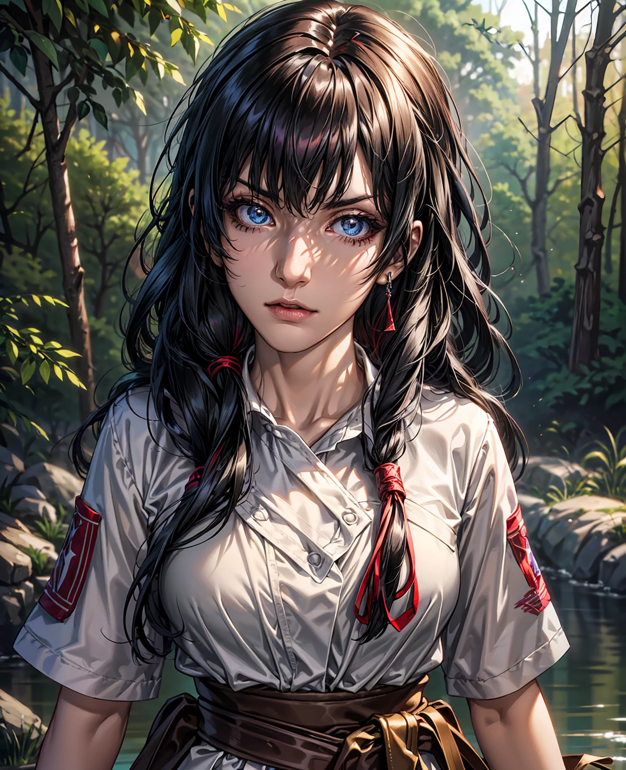 maozonia indigenous girl, 18 years old, bathing in a river, in the middle of the forest, a jaguar watching from afar, sad, Clockpunk, Gamercore, street level view, Blender rendering, 100mm, Sculpture, iridescent colors, Medicalcore, strobe lighting, ultra realistic, photorealistic, octane render, unreal engine, hyper detailed, volumetric lighting, hdr, octane render, fantasy 4k 8K