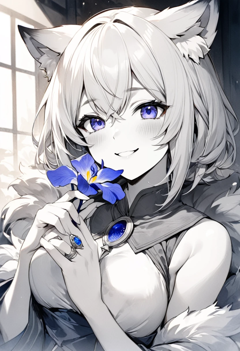 monochrome, watercolor, highres, top quality, best quality, paid reward available, High-quality illustrations, unparalleled masterpiece, perfect artwork, absurdres, 1girl, kemono, furry, detailed body fur, animal face, animal hand, Archaic Smile, holding a cluster of Blue iris in both hands, which are positioned at chest level, She is wearing a simple ring on the ring finger of her left hand, unfocused spread o Blue iris, fan-created work shared on platforms Pixiv or ,