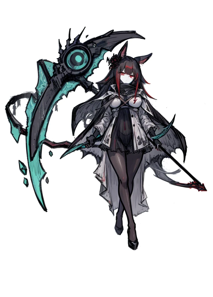 1girl, red eyes, ash hair, god of death, death, black rabbit, beautiful clothes, (high resolution, high detail, best quality), huge breasts, calm, scythe