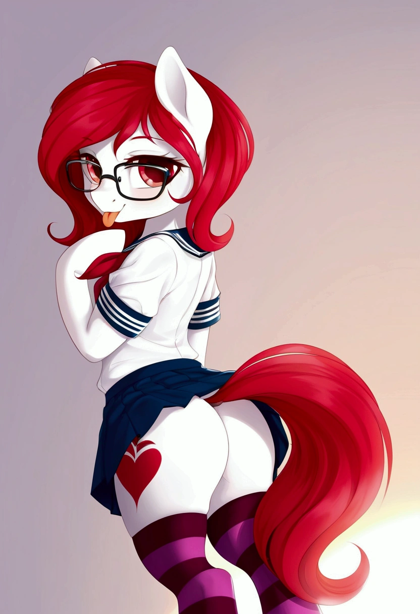 radiant lighting, vibrant colors, whimsical atmosphere, 8K, high resolution, highly detailed, masterpiece, (((my little pony))), four stockings, (red hair, white body, red eyes) cute face, tongue out, (school uniform), striped stockings, staying, cool glasses, showing butt