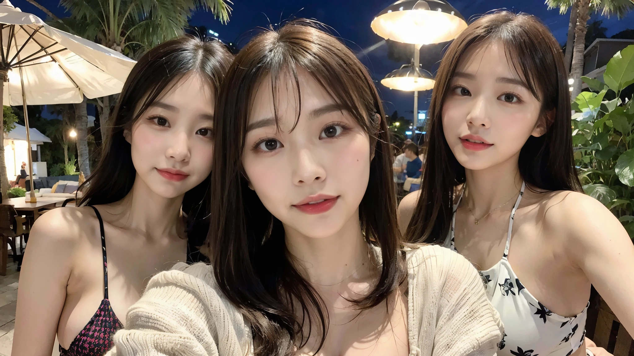 Top quality, 1 beautiful woman, wearing Skirt-style-bikini, (Massive Breasts:1.2), ((fair-skin)), 30mm lens, f/1, Outdoor patio lights, selfie with her friends at Hawaii