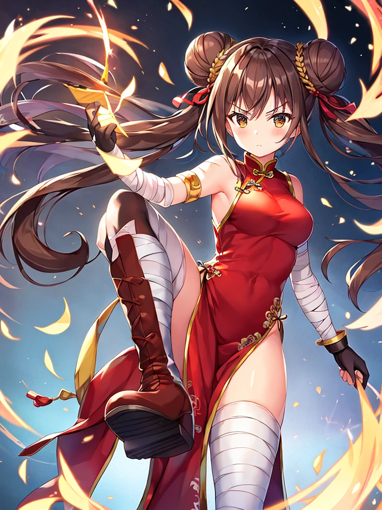 masterpiece, best quality, 1girl, solo, thighhighs, chinese-clothes, gloves, very-long-hair, dress, hair-bun, twintails, china-dress, red-dress, double-bun, black-thighhighs, brown-hair, brown-eyes, full-body, red-footwear, pelvic-curtain, looking-at-viewer, bandages, blush, standing, breasts, bangs, armlet, sleeveless, fighting-stance, sleeveless-dress, brown-gloves, bare-shoulders, v-shaped-eyebrows, bandaged-arm, side-slit, leg-up, medium-breasts, gradient-hair, boots, ankle-boots, floating-hair, closed-mouth, simple-background, hand-up, blunt-bangs, sash