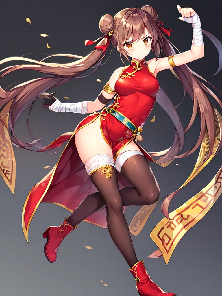 masterpiece, best quality, 1girl, solo, thighhighs, chinese-clothes, gloves, very-long-hair, dress, hair-bun, twintails, china-dress, red-dress, double-bun, black-thighhighs, brown-hair, brown-eyes, full-body, red-footwear, pelvic-curtain, looking-at-viewer, bandages, blush, standing, breasts, bangs, armlet, sleeveless, fighting-stance, sleeveless-dress, brown-gloves, bare-shoulders, v-shaped-eyebrows, bandaged-arm, side-slit, leg-up, medium-breasts, gradient-hair, boots, ankle-boots, floating-hair, closed-mouth, simple-background, hand-up, blunt-bangs, sash