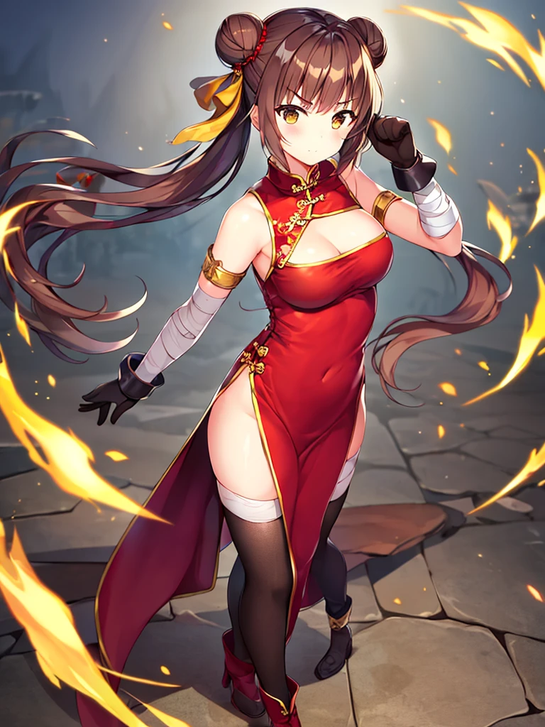 masterpiece, best quality, 1girl, solo, thighhighs, chinese-clothes, gloves, very-long-hair, dress, hair-bun, twintails, china-dress, red-dress, double-bun, black-thighhighs, brown-hair, brown-eyes, full-body, red-footwear, pelvic-curtain, looking-at-viewer, bandages, blush, standing, breasts, bangs, armlet, sleeveless, fighting-stance, sleeveless-dress, brown-gloves, bare-shoulders, v-shaped-eyebrows, bandaged-arm, side-slit, leg-up, medium-breasts, gradient-hair, boots, ankle-boots, floating-hair, closed-mouth, simple-background, hand-up, blunt-bangs, sash
