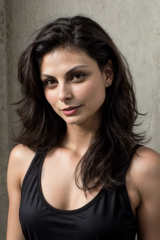 a beautiful morena baccarin, exquisite detailed portrait, wearing a cream tank top, mesmerizing eyes, luscious lips, elegant expression, natural lighting, cinematic composition, photorealistic, 8k, hyper-detailed, masterpiece, intricate facial features, cinematic mood, dramatic lighting, warm color tones