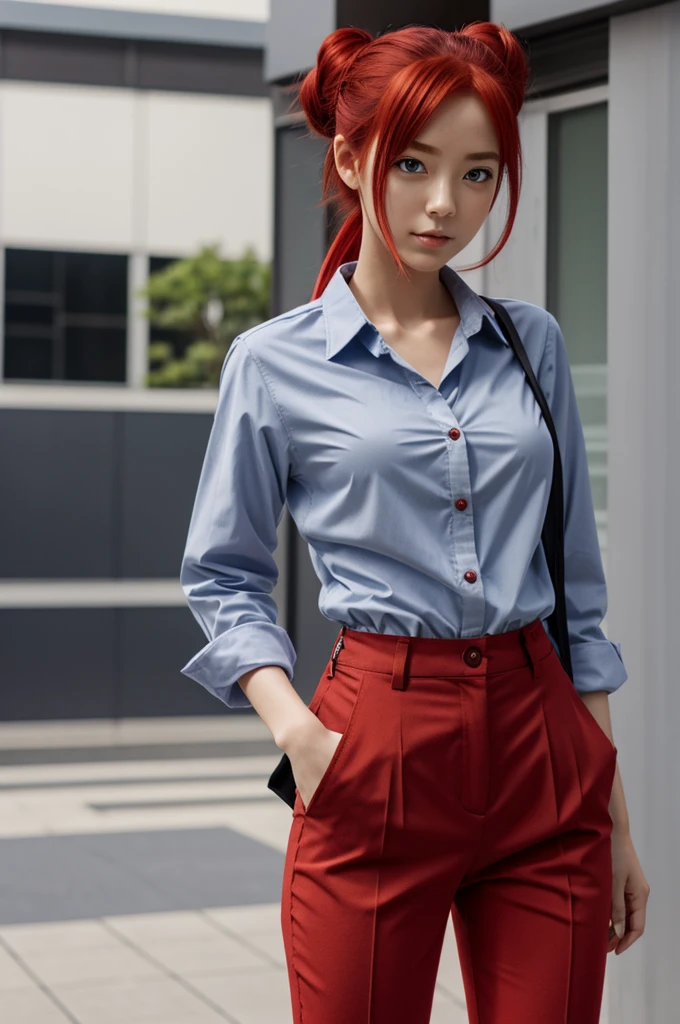 Make an anime girl, skin is pale, red hair tied up, red pants, a blue shirt with gray buttons and a frog accessory.