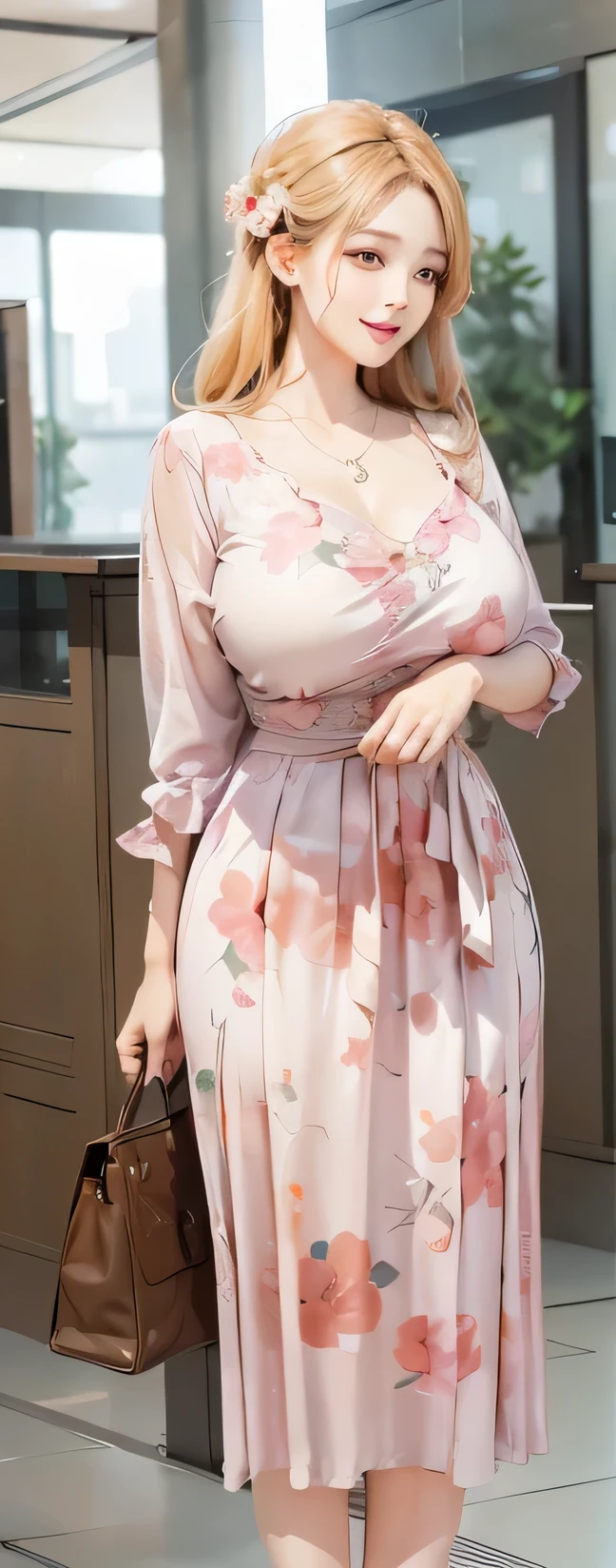 A beautiful korean mother, huge big breasts, standing in a lush garden, smiling sweetly, detailed face and features, photorealistic, highly detailed, 8k, hyperrealistic, elegant dress, sweet expression, warm lighting, cinematic composition, soft colors, beautiful bokeh background