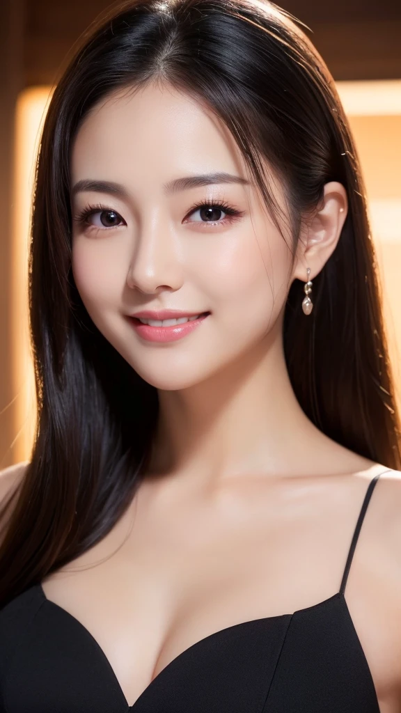 (Super beautiful woman)、((highest quality、8K masterpiece:1.3))、sharp focus:1.2、(super beautiful face:1.0)、(shiny skin:1.0)、realistic pictures、black hair、video lighting、High resolution eyes and face、video lighting、japanese actress、from the front、with a happy smile、whole body、