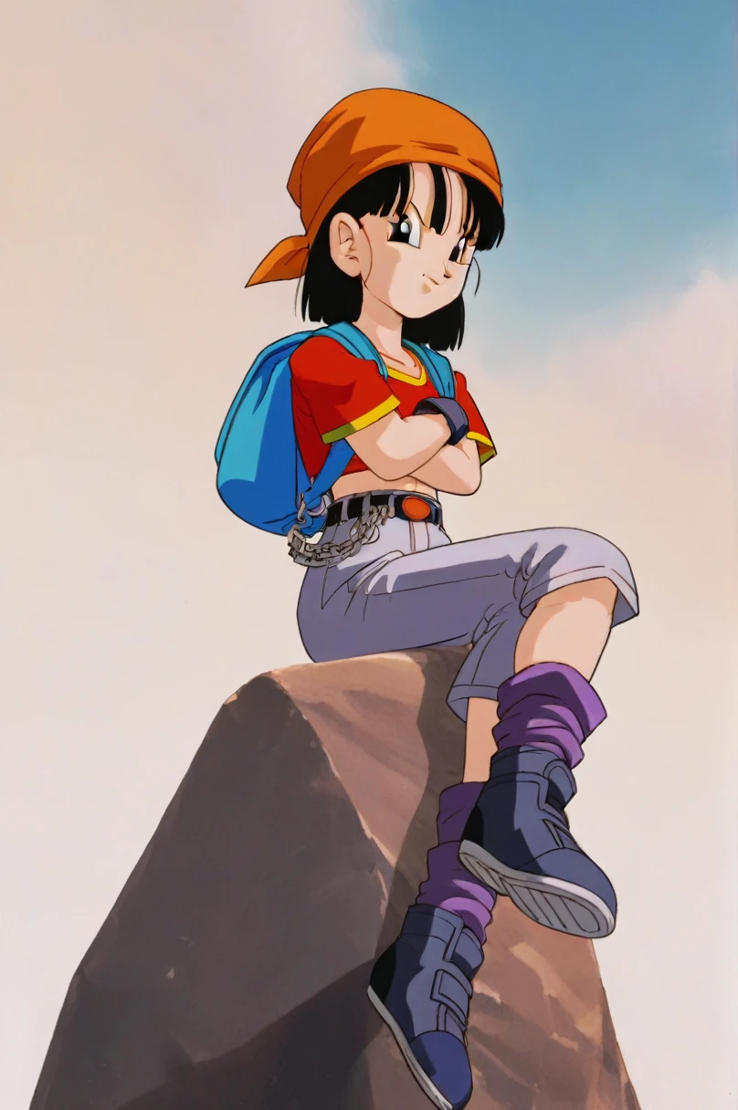 source_anime, score_9, score_8_up, score_7_up, anime screencap,8k, absurd res,
pan \(dragon ball\), 1girl, solo, looking at viewer, short hair, bangs, black hair, sitting, full body, short sleeves, sneakers, black gloves, gold trim, loose socks, belt, blue bag, black footwear, black eyes, chain, crossed arms, crossed legs, backpack, denim, red shirt, orange bandana, retro artstyle, female , grey pants, fanny pack, purple legwear, shoe soles, v-shaped eyebrows, from below, rock, midriff, collarbone, 1990s \(style\), ropa escasa, trasero sexy, culo sexy, pechos medianos, cuerpo completo, cuerpo sexy