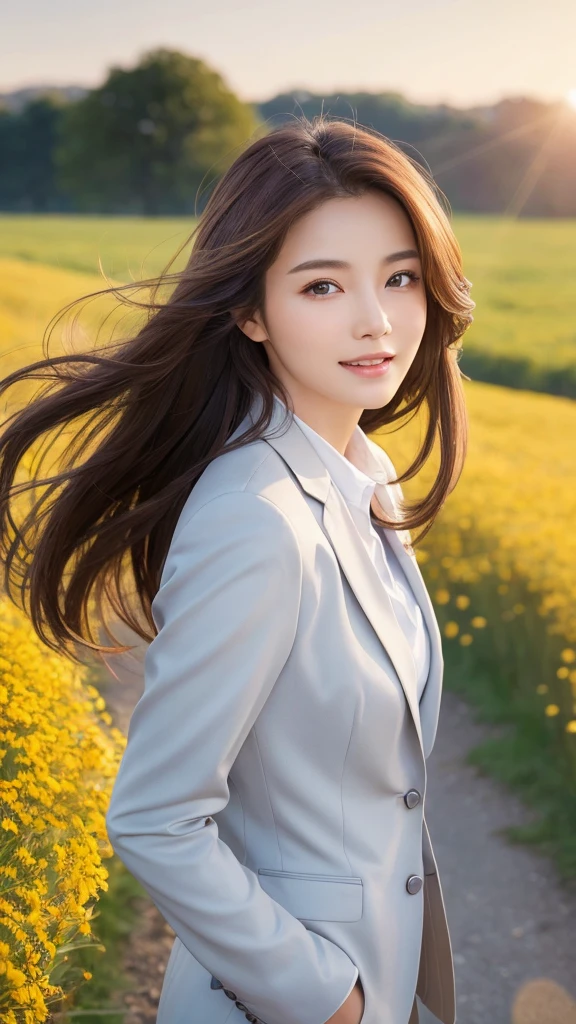 highest quality、genuine、Super detailed、finely、High resolution、8k wallpaper、one beautiful woman、、、light brown disheveled hair、wearing a business suit、sharp focus、perfect dynamic composition、beautiful and detailed eyes、thin hair、Detailed genuine skin texture、smile、model body shape、In a windswept meadow