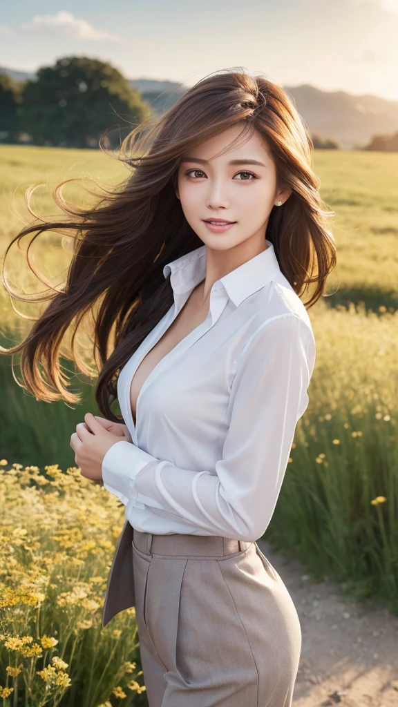 highest quality、genuine、Super detailed、finely、High resolution、8k wallpaper、one beautiful woman、、、light brown disheveled hair、wearing a business suit、sharp focus、perfect dynamic composition、beautiful and detailed eyes、thin hair、Detailed genuine skin texture、smile、model body shape、In a windswept meadow