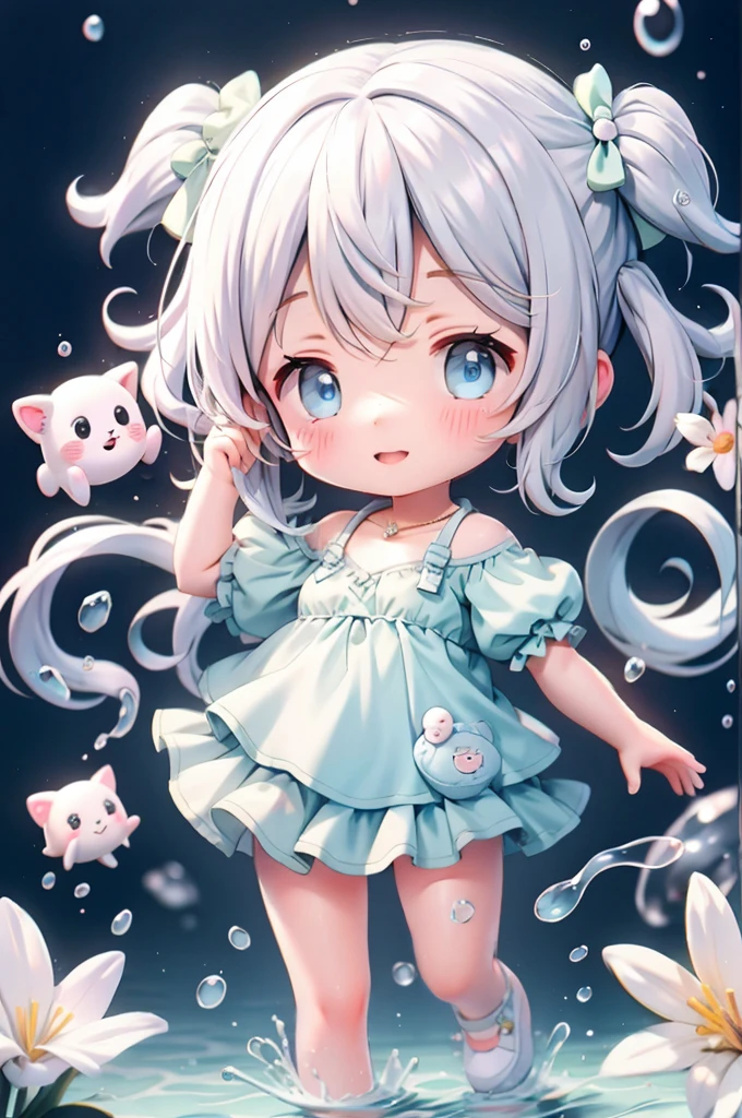 Chibi Chara、Chibi Anime、Super masterpiece, top-quality, Ultra-detailed, Single Cat Girl, （（(Chibi Character））), Wearing a white summer dress, With short hair,White hair、a small face, Smiling, cheeks blushing, Holding a ramune bottle in your hand. Enter a small pool、Blue sky and clouds on background