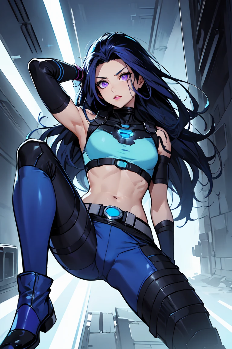 1. Light skinned woman 2. Long spiky navy blue hair/dark 3. lips painted blue and purple 4. Purple eyes 5. Attractive clothing with technological implants whose predominant colors are Blue and Purple (Example Alita from Battle Angel, I will show an example)
6. wears dark blue boots 7. He has blue gloves 8. Both his arms and legs are uncovered., that is to say, his technological combat suit only covers his torso, waist and chest, the elbows, arms and legs are uncovered.
9. Alita Battle Angel combat costume