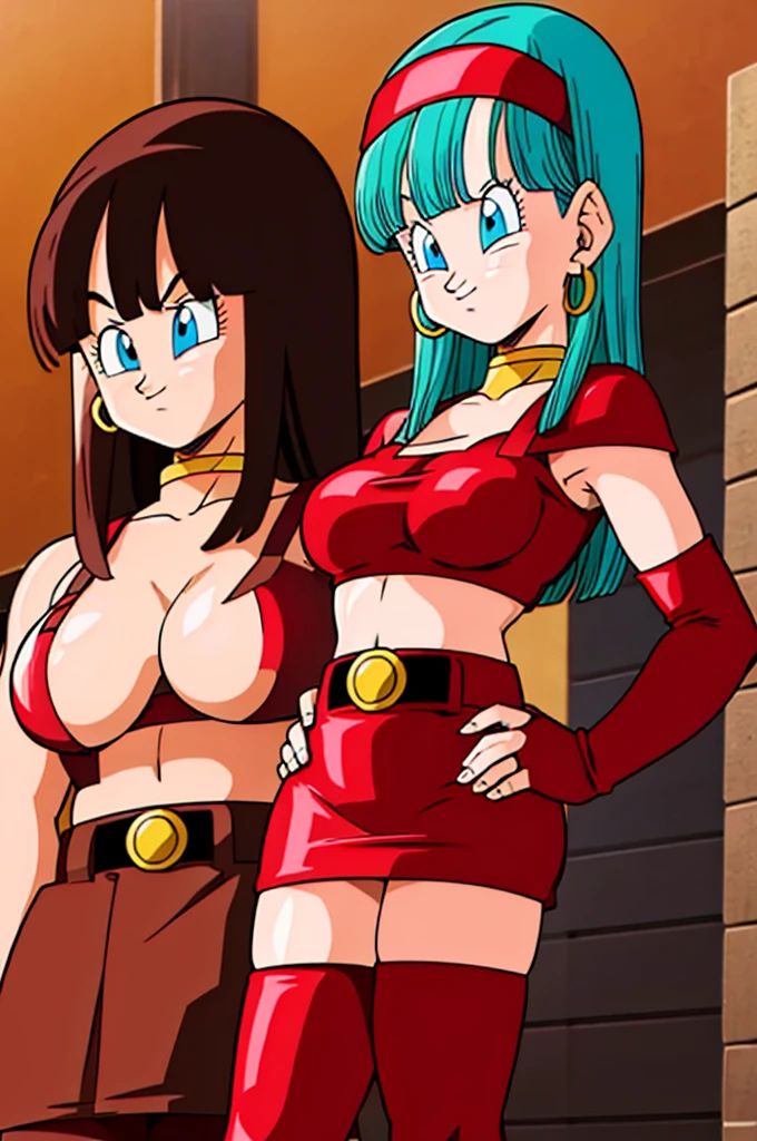 ultra detailed, masterpiece, best quality, solo, soft smile, light smile, Bulla, Dragon Ball,
long hair, aqua hairbangs, collarbonebridal gauntlets, eyelashes, hoop earrings, eyebrows,miniskirt,hairband, red hairband, earrings, blue eyes,elbow gloves, red gloves, fingerless gloves, crop top, red topwear, midriff, yellow belt, skirt, red skirt, big breast, big ass,confused face expresion, sin imperfecciones, dibujo perfecto, masive breast, masive ass,