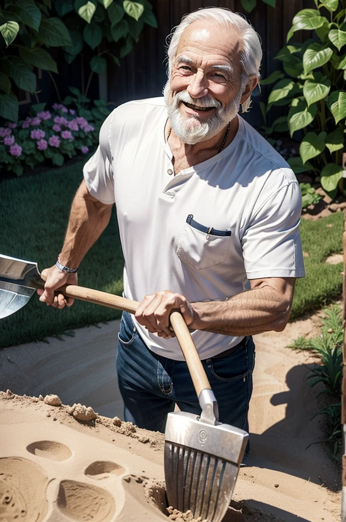 1guy, 80 years old, American, white shirt, medium healthy flowing hair, Short beard, medium hair, healthy, happy, smiling, digging with a shovel in his backyard, realistic, midjourney, hyperrealistic, POV from sky