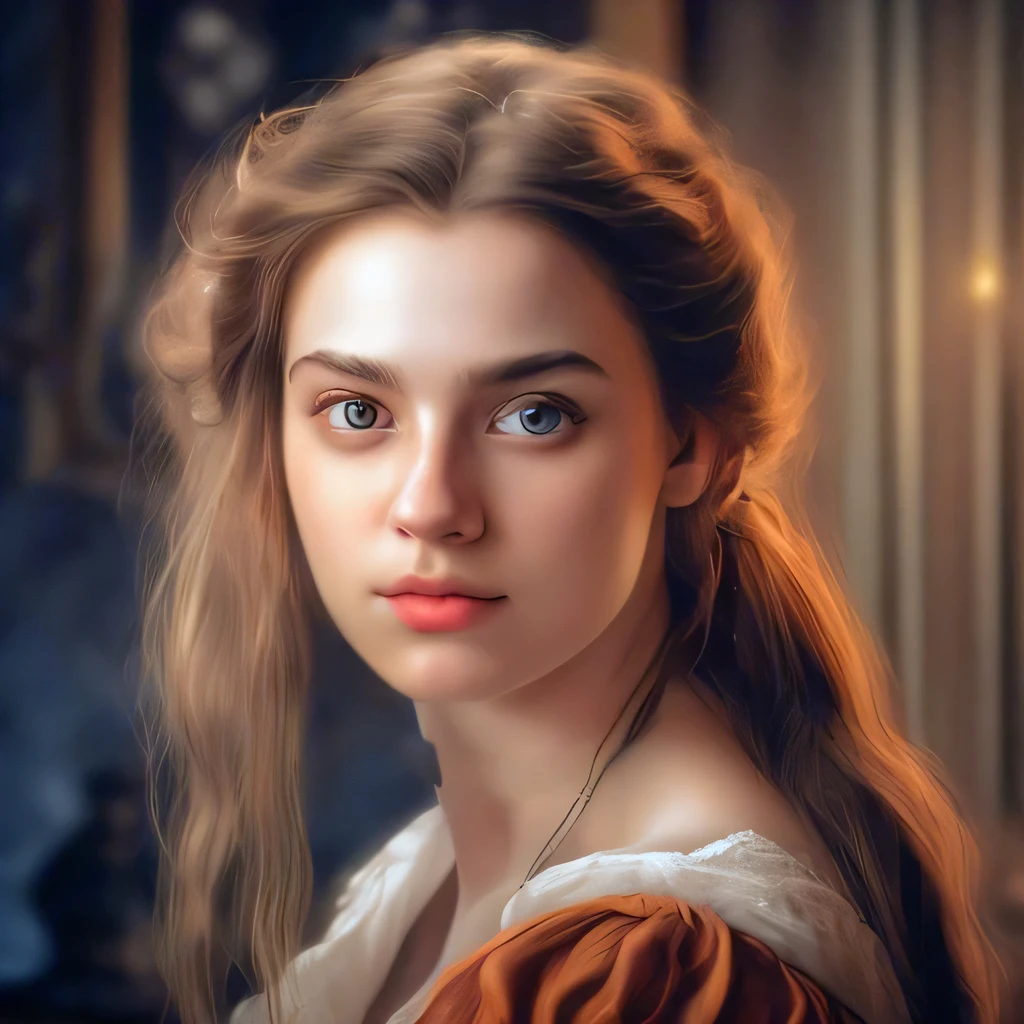 A close-up of a woman with long hair and a white dress, inspired by Godfried Schalcken, inspired by Elsa Bleda, romanticism portrait, inspired by Irakli Nadar, many Merlot, a stunning young ethereal figure, haunting beautiful young woman, inspired by Vasily Perov, Dramatic cinematic portrait, Artistic portrait photography in 8k..