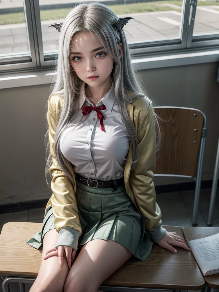 Very hero academy 16 year old girl, long silver hair with golden strands, bright red eyes, medium breasts, she is dressed in a semi-open white blouse and a long-sleeved gray jacket., wear green skirt, with tail and succubus wings, sitting at school desk.