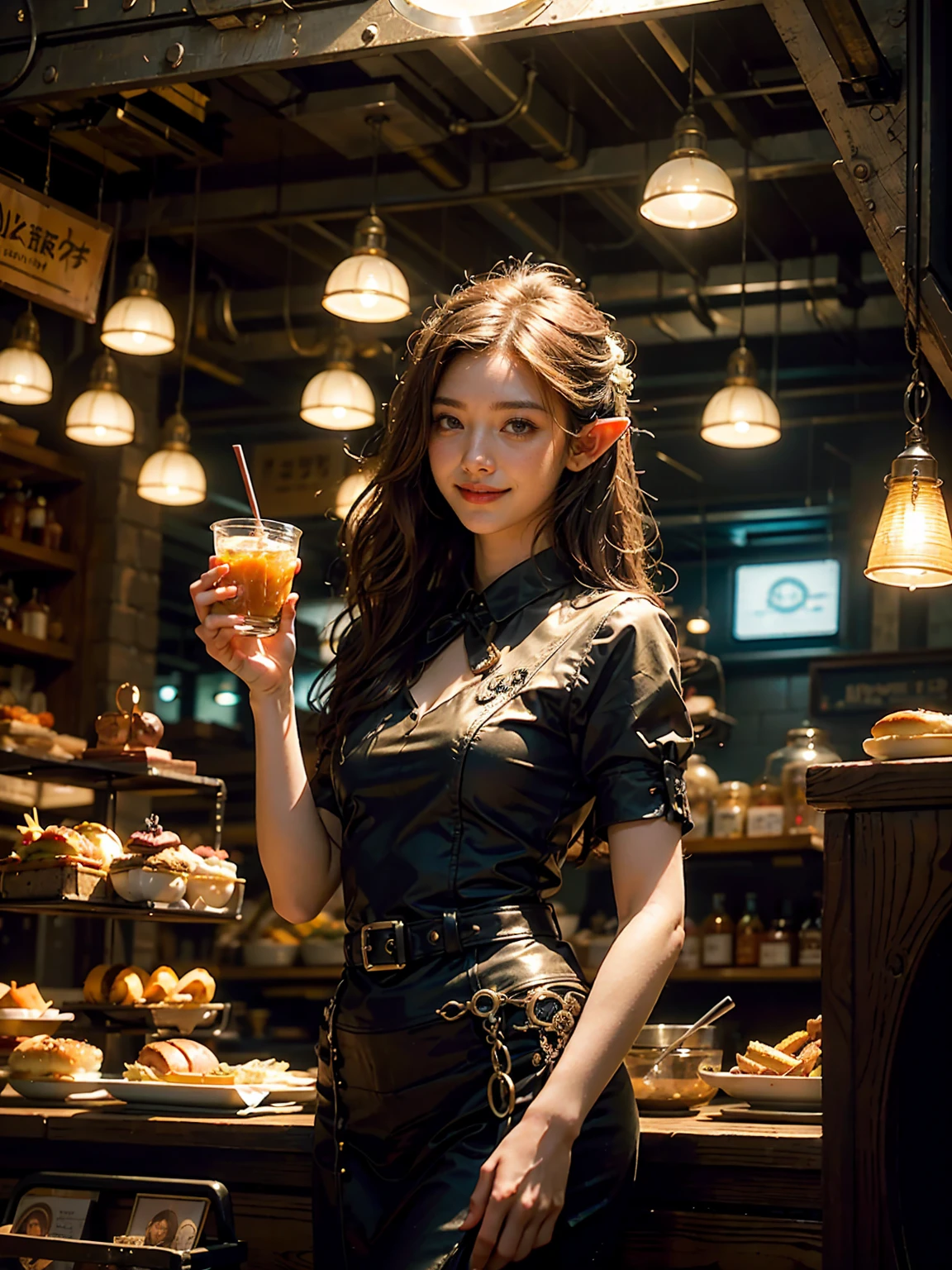 (Photorealistic, soft light), A cheerful Japanese-looking female store clerk with elf-like ears holding a cup of Phoenix's Tear Soda and a burger in a magical fast food restaurant. Steampunk. The clerk has a big smile and is wearing a fantasy-themed uniform. Next to the clerk, a small fairy is assisting, flying and holding a small tray of food. The background features a whimsical and enchanting atmosphere with magical decorations and elements like glowing plants and sparkling lights., multicolored hair, depth of field, glowing light, film grain, from below, textured skin