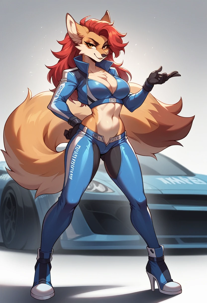 2D art style, Vixen anthropomorphic, she is tall and thin, she has long spiky red hair, she has soft fur, she is wearing a blue racing driver outfit, she is standing with a sexy pose, she is next to a very futuristic blue race car.