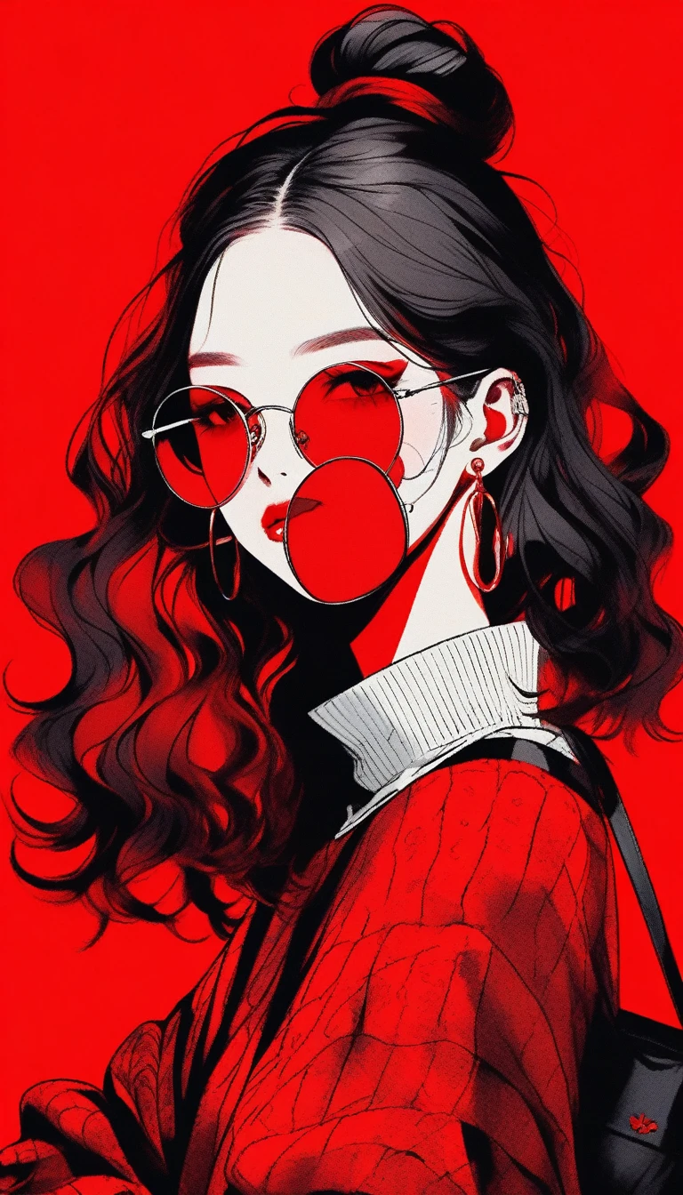 Illustrator, anime , Realistic ,sketch , 1 girl, ,lip, sweater,order, red gradient background, black and red Hair,Textured Trim, Canadian, (masterpiece,highest quality)two bun fashion Hair,sunglasses fashion ,smoking pipe,china dress,