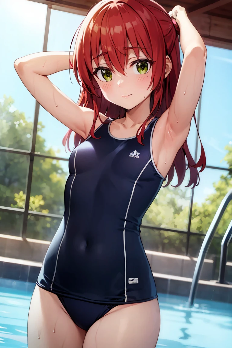 room, 1 Girl, Highest quality, Ultra-high resolution, Long Hair, Redhead, Green Eyes,Looking at the audience, Small breasts , Shy face、Watery eye, Open your mouth、Cowboy Shot、Navy school swimsuit、Pool、Sexy pose with arms raised behind head