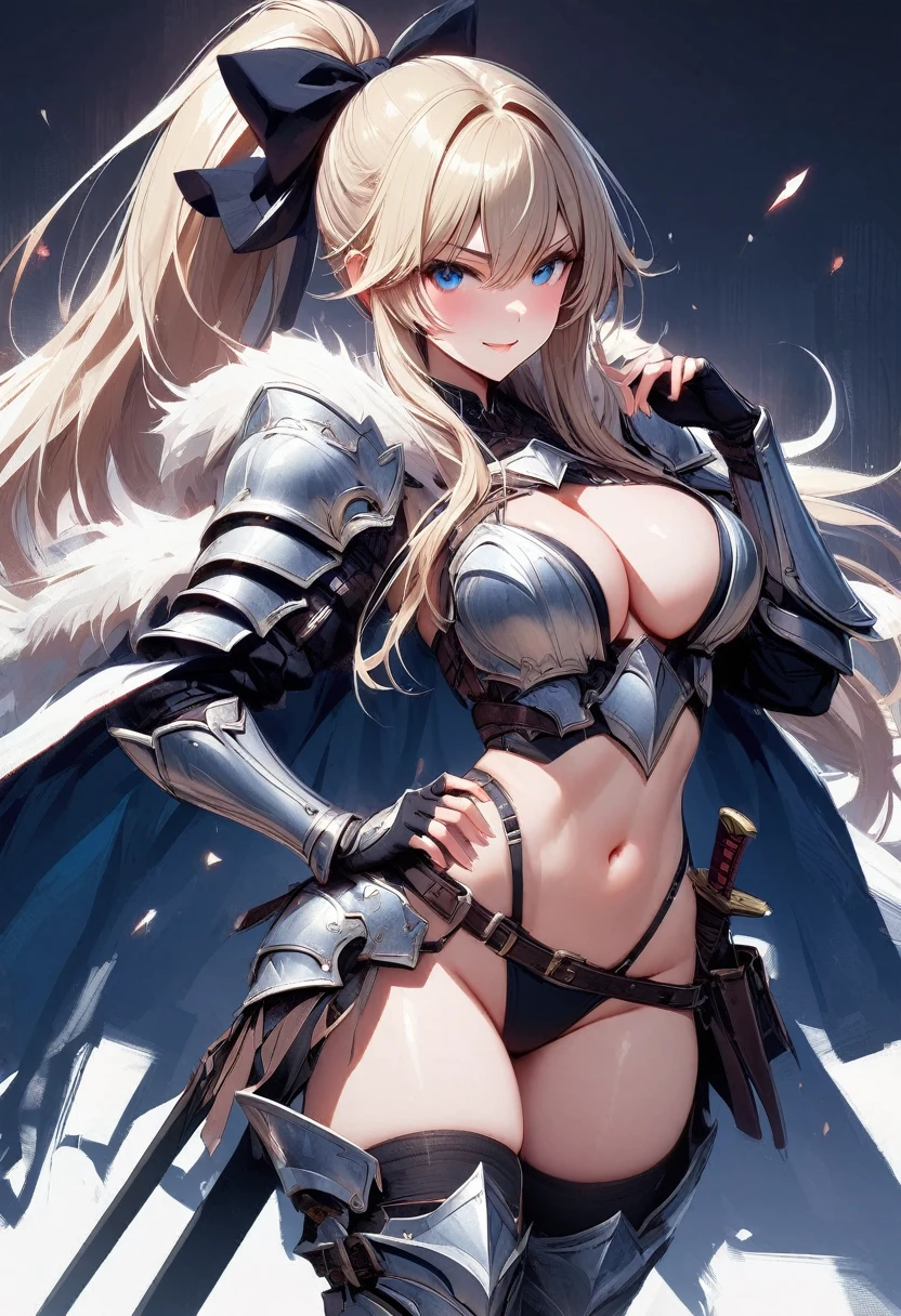 masterpiece, best quality, 1girl, breasts, solo, blonde-hair, blue-eyes, pelvic-curtain, navel, armor, large-breasts, ponytail, cape, cleavage, gloves, weapon, looking-at-viewer, smile, boots, fingerless-gloves, full-body, very-long-hair, standing, revealing-clothes, bikini-armor, black-gloves, fur-trim, simple-background, thighhighs, stomach, hand-on-hip, gauntlets, shoulder-armor, hair-bow, closed-mouth, bow, high-heels, midriff, armored-boots, hand-up, thigh-boots, thighs, ribbon, hair-between-eyes, v-shaped-eyebrows, blush, hair-ribbon, sheath