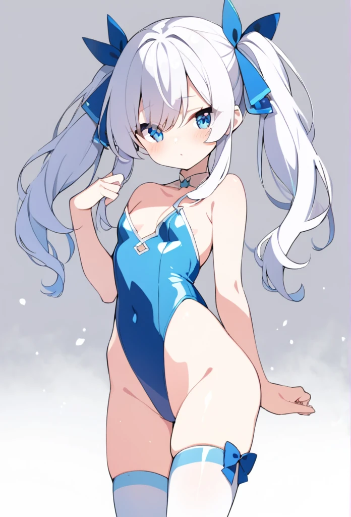 1 girl, cute, young, white hair, twintail, blue eyes, leotard, thigh high,