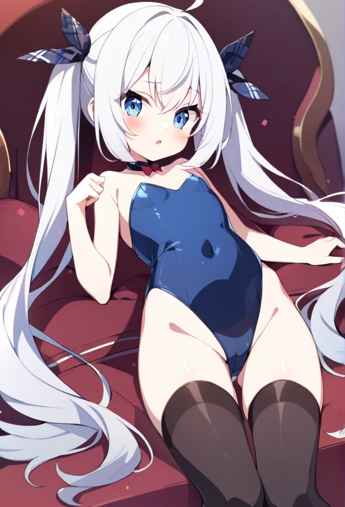 1 girl, cute, young, white hair, twintail, blue eyes, leotard, thigh high,