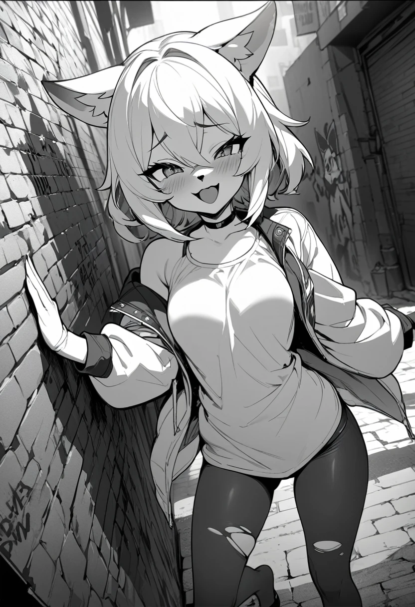 cover page, highres, top quality, best quality, paid reward available, unparalleled masterpiece, perfect artwork, absurdres, High-quality illustrations, laughing, perfect anatomy, lineart, monochrome, 1girl, kemono, furry, anthro, choker, shirt, torn legwear, open jacket, against wall, brick wall, graffiti, dim lighting, alley, dynamic angle,