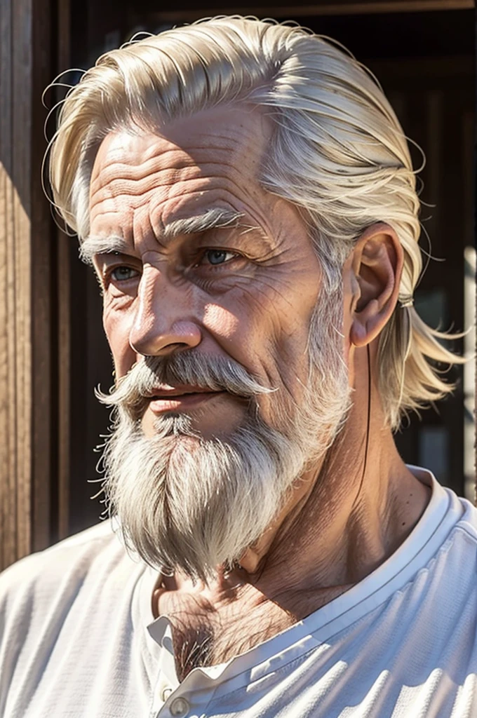 1guy, 80 years old, American, white shirt, medium healthy flowing hair, Short beard, medium hair, healthy, happy, profile picture, selfie, praying, christian, realistic, midjourney, hyperrealistic