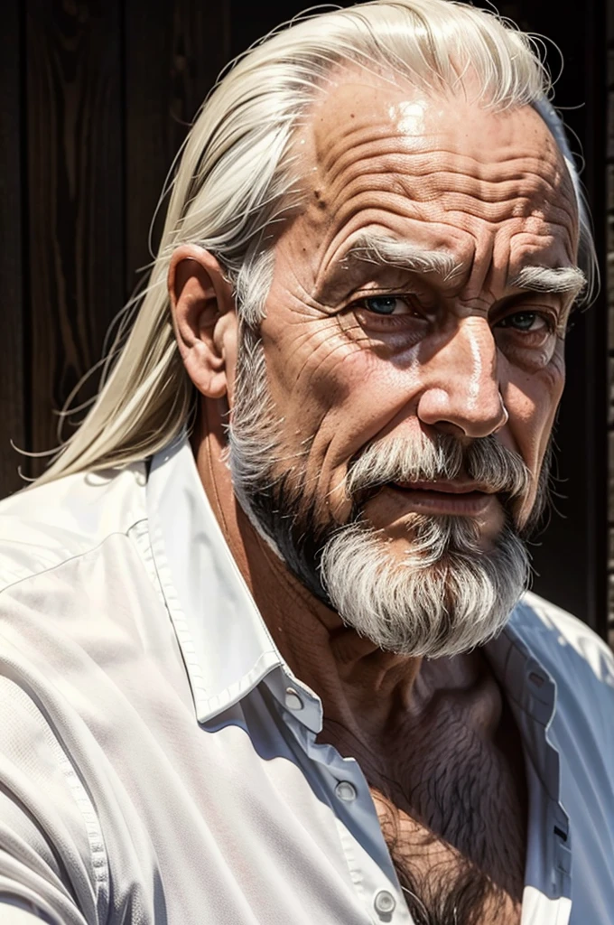 1guy, 80 years old, American, white shirt, medium healthy flowing hair, Short beard, medium hair, healthy, happy, profile picture, selfie, praying, christian, realistic, midjourney, hyperrealistic
