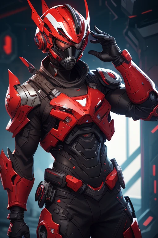 1 man, futuristic red helmet, futuristic red goggles, armored cyberpunk vest, black shirt, leather pants, ninja mask on mouth, cyberpunk, front view, red aura on back, best quality, 4k, 8k, highres, masterpiece:1.2, ultra-detailed, realistic, photorealistic, photo-realistic:1.37, HDR, UHD, studio lighting, ultra-fine painting, sharp focus, physically-based rendering, extreme detail description, professional, vivid colors, bokeh
