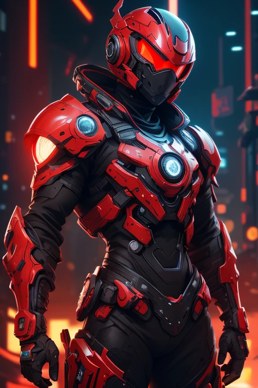 1 man, futuristic red helmet, futuristic red goggles, armored cyberpunk vest, black shirt, leather pants, ninja mask on mouth, cyberpunk, front view, red aura on back, best quality, 4k, 8k, highres, masterpiece:1.2, ultra-detailed, realistic, photorealistic, photo-realistic:1.37, HDR, UHD, studio lighting, ultra-fine painting, sharp focus, physically-based rendering, extreme detail description, professional, vivid colors, bokeh