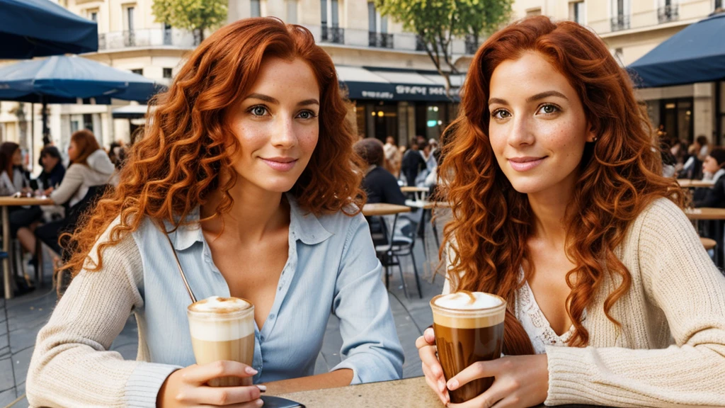 Realistic portrait of 30 year old woman. redhead, Long and curly hair. Brown eyes. Smooth tanned skin, with freckles. 
Having coffee in a typical Paris square.